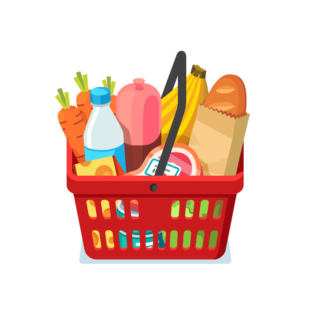 Shopping basket full of groceries. Natural food, meat, milk, cheese and french bread. Modern flat style realistic vector illustration isolated on white background.のイラスト素材