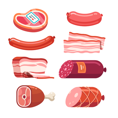 Set of fresh and prepared meat. Beef, pork, salted lard and bologna and salami sausages. Modern flat style realistic vector illustration icons isolated on white background.のイラスト素材