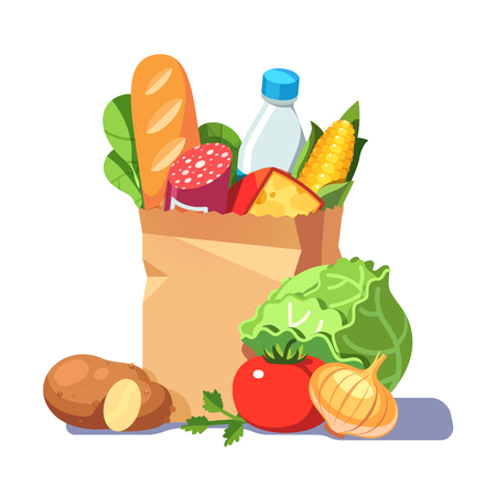 Groceries in a paper bag. Modern flat style realistic vector illustration isolated on white background.のイラスト素材