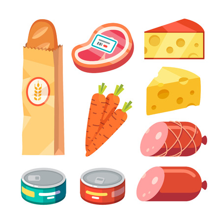 Groceries. Fresh and cooked meat, cheese, and canned food. Modern flat style realistic vector illustration icons isolated on white background.のイラスト素材