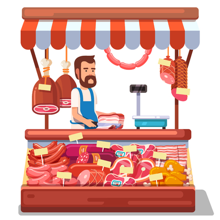 Local market farmer selling fresh meat produce on his stall with awning. Modern flat style realistic vector illustration isolated on white background.のイラスト素材