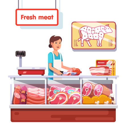 Fresh meat stand in a supermarket. Sales clerk woman worker slicing meat. Modern flat style realistic vector illustration isolated on white background.のイラスト素材