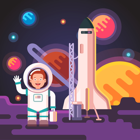 Astronaut boy landed on a moon or an alien planet on his rocket ship shuttle. Standing in spacesuit on a surface. Flat style vector illustration.のイラスト素材