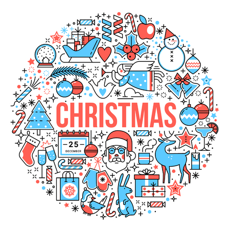 Merry Christmas composition and lettering in form of ball. Flat style thin line art icons color set isolated on white background.のイラスト素材