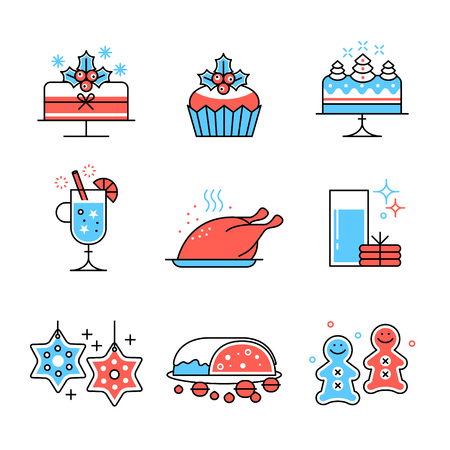 Christmas food and drinks collection. Flat style thin line art color icons set isolated on white background.のイラスト素材