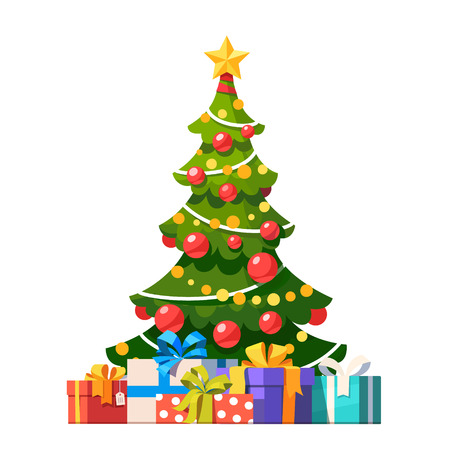Star, decoration balls and light bulb chain decorated christmas tree with lots of gift boxes. Flat style vector illustration isolated on white background.のイラスト素材