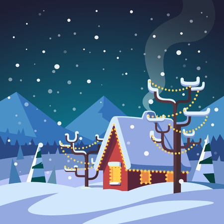 Christmas decorated country house in mountains foothills. Snowy winter. Flat style isolated vector illustration.のイラスト素材