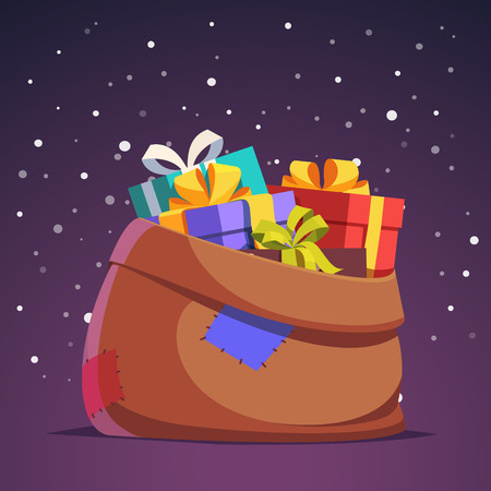 Santa Claus sack full of gift and present boxes in front night falling snow background. Flat style isolated vector illustration.のイラスト素材