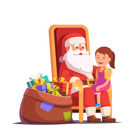 Santa Claus holding little smiling girl on his lap. Flat style vector illustration isolated on white background.のイラスト素材