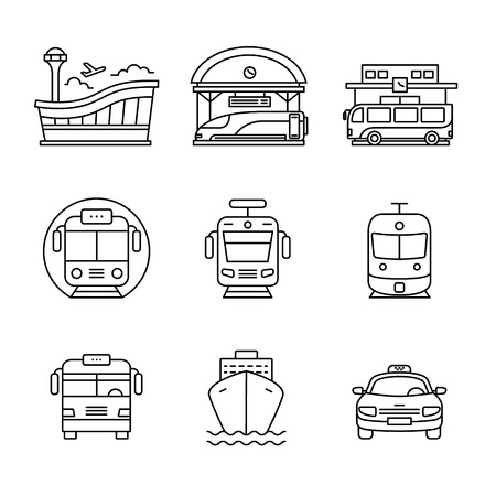 Modern transportation and urban infrastructure set. Road, rail and water city transportation stations signs. Thin line art icons. Linear style illustrations isolated on white.のイラスト素材