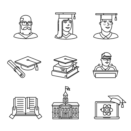 University and academic education signs set. Thin line art icons. Linear style illustrations isolated on white.のイラスト素材