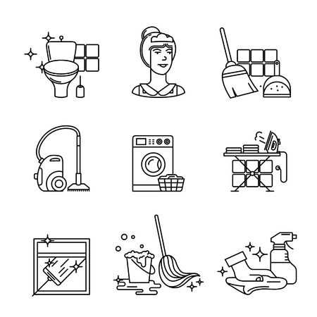 Home cleaning, washing and tidying signs set. Thin line art icons. Linear style illustrations isolated on white.のイラスト素材