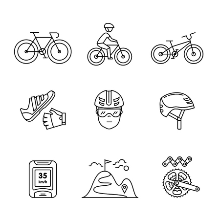 Bike cycling and biking accessories sign set. Thin line art icons. Linear style illustrations isolated on white.のイラスト素材