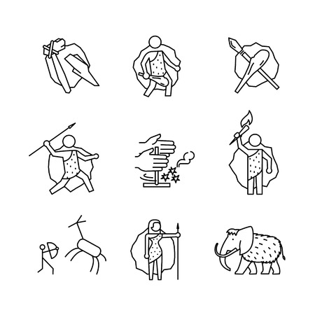 Primitive prehistoric caveman of ice age signs set. Thin line art icons. Linear style illustrations isolated on white.のイラスト素材