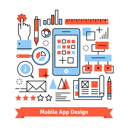 Mobile app development process concept. Thin line art flat illustration with icons.のイラスト素材