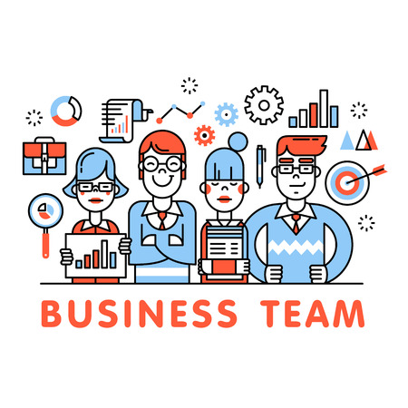Young and successful business team standing tall. Development, sales, marketing and management executives. Thin line art flat illustration with icons.のイラスト素材