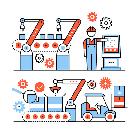 Modern robotic and manual manufacturing assembly lines. Packaging and loading with forklifts. Thin line art icons set. Flat style illustrations isolated on white.のイラスト素材