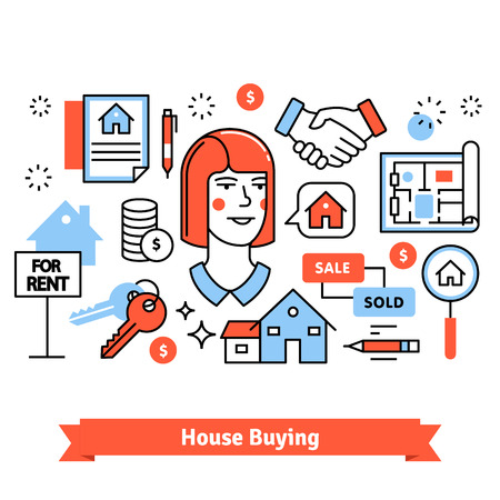 Real estate buying, selling and renting signs background composition. Thin line art icons. Flat style illustrations isolated on white.のイラスト素材