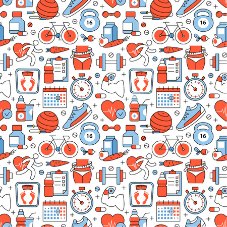 Sport, fitness and slimming icons square seamless pattern. For store sales decoration. Thin line art flat objects texture illustration.のイラスト素材
