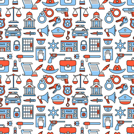 Police and law enforcement icons square seamless pattern. For store sales decoration. Thin line art flat objects texture illustration.のイラスト素材