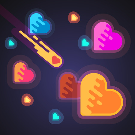 Burning heart speeding like a comet through galaxies in space. Cosmic love romance concept. Modern flat style vector illustration.のイラスト素材