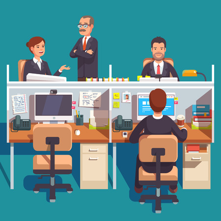 Cubicle office work space with employees at the desks. Flat style modern vector illustration.のイラスト素材
