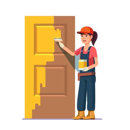 Professional painter painting door in yellow color. Flat style modern vector illustration.のイラスト素材
