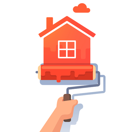 New house symbol metaphor. Roller paint painting home shape. Flat style modern vector illustration.のイラスト素材