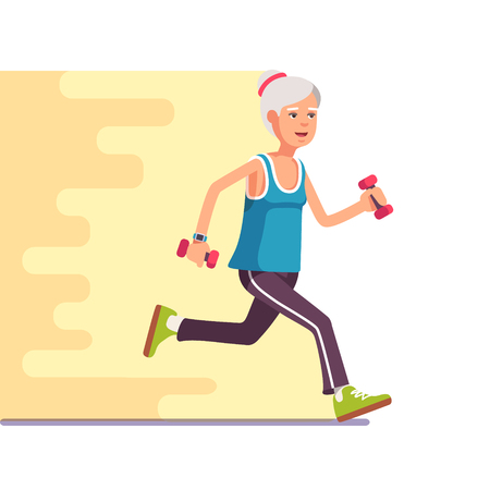 Fit elderly woman jogging with dumbbells in hands. Flat style modern vector illustration.のイラスト素材