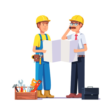 Carpenter talking with foreman or architect. Discussing work plan or blueprint. Flat style modern vector illustration.のイラスト素材