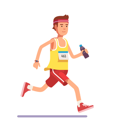 Young man running a marathon with water bottle in hand and number on his chest. Flat style modern vector illustration.のイラスト素材
