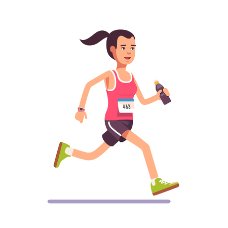 Young woman running a marathon with water bottle in hand and number on her chest. Flat style modern vector illustration.のイラスト素材