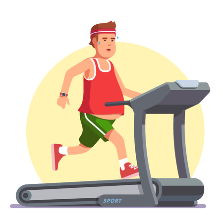 Obese young man running on treadmill.  Working out in sweat to get rid of fat belly. Flat style modern vector illustration.のイラスト素材