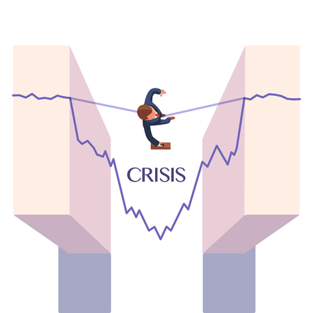 Businessman walking a rope, taking risk overcoming economic stock market crisis. Business metaphor. Flat style vector illustration.のイラスト素材