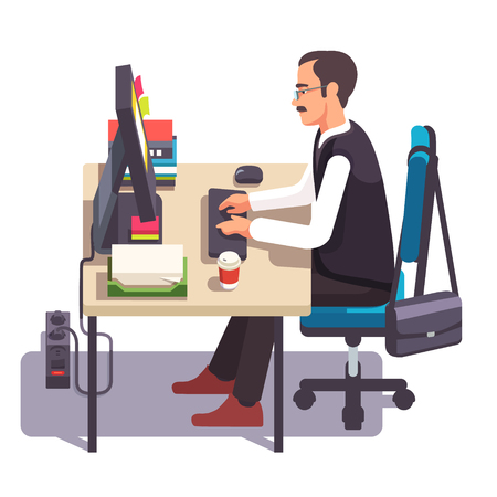 Clerk man working on a desktop computer at the office desk. Sitting on chair and keyboard typing. Flat style color modern vector illustration.のイラスト素材