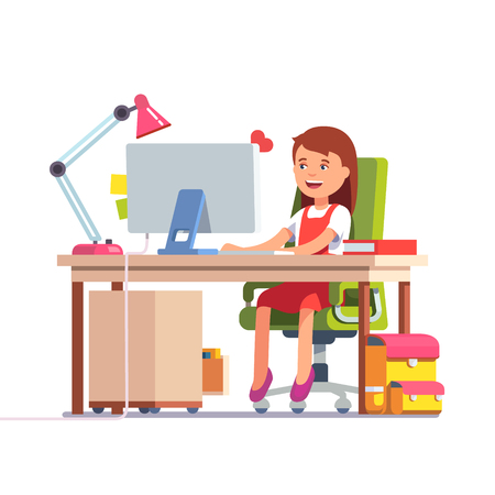 Young school kid girl studying sitting in front of the desktop computer at her home desk. Flat style color modern vector illustration.のイラスト素材