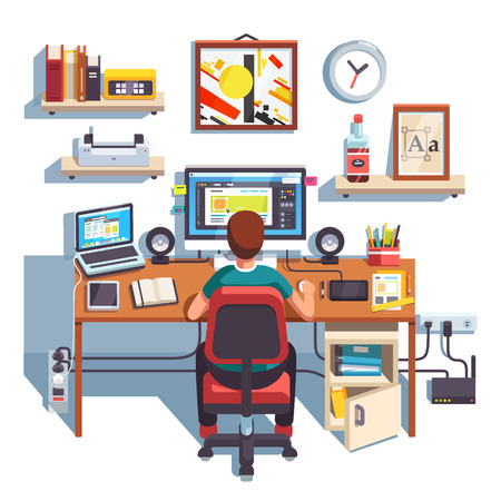 Professional designer working on a site project at his big desk with laptop computer and big display accompanied by drawing pen tablet. Flat style color modern vector illustration.のイラスト素材