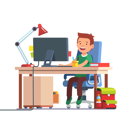 Young school kid boy studying sitting in front of the desktop computer at her home desk. Doing homework at daddy workplace. Flat style color modern vector illustration.のイラスト素材