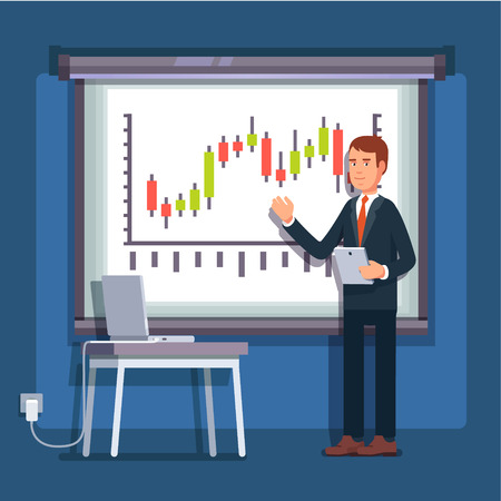 Businessman giving a speech showing sales statistics graph on presentation screen. Flat style color modern vector illustration.のイラスト素材