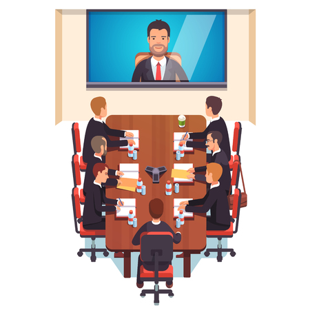 Corporation directors board at the conference call meeting with CEO at the video call projection screen. Flat style color modern vector illustration.のイラスト素材