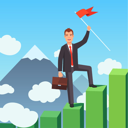 Successful business man with a winner flag pole climbing bar graph mountain. Flat style vector illustration.のイラスト素材