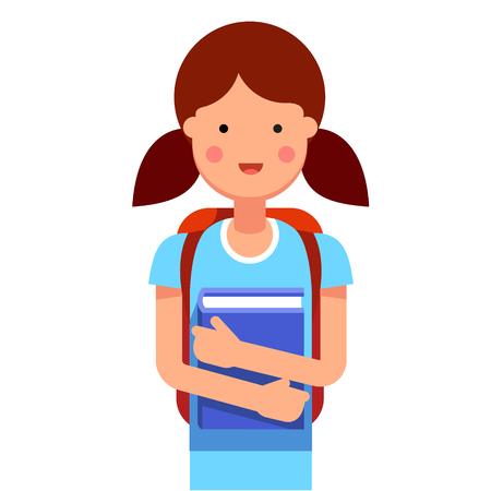 School girl with a backpack holding a book to her chest with both hands. Flat style vector illustration.のイラスト素材