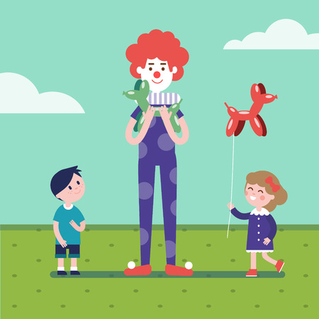 Clown is making balloon animals for girl and boy. Inflatable twisted dogs for two cute kids. Modern flat vector illustration clipart.のイラスト素材
