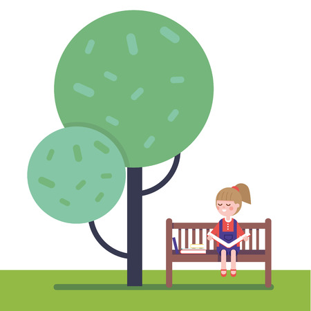 Little girl kid reading a book sitting on a bench under the big tree. Modern flat vector illustration clipart.のイラスト素材