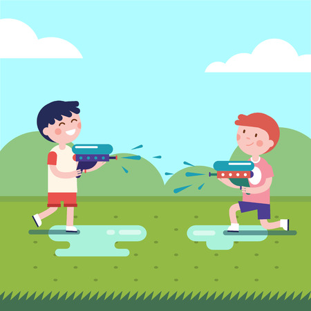 Two boys playing water guns wars. Wet kids shooting squirt guns. Modern flat vector illustration clipart.のイラスト素材