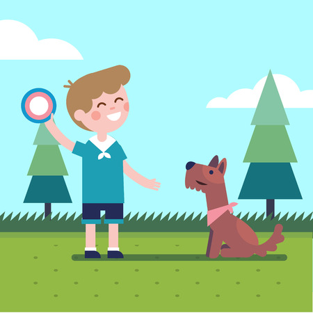 Boy kid playing flying disk trow catch with his dog. Modern flat vector illustration clipart.のイラスト素材