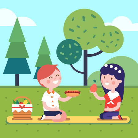 Boy and girl kids having lunch picnic at the park grass. Smiling kids characters. Modern flat vector illustration clipart.のイラスト素材