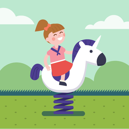 Girl riding a spring horse ride at park playground. Smiling kid character. Modern flat vector illustration clipart.のイラスト素材