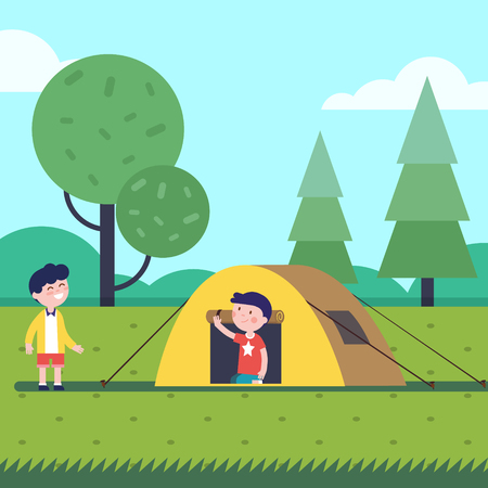 Boys having a good hike sleep with a tent. Happy kids characters. Modern flat vector illustration clipart.のイラスト素材