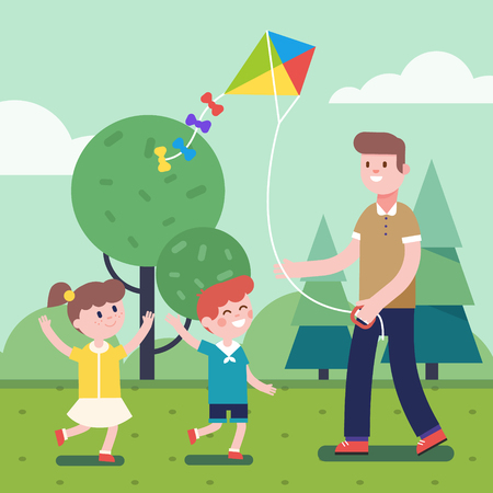 Father of brother playing with kids. Flying kite outdoors together with son and daughter. Smiling characters. Modern flat vector illustration clipart.のイラスト素材